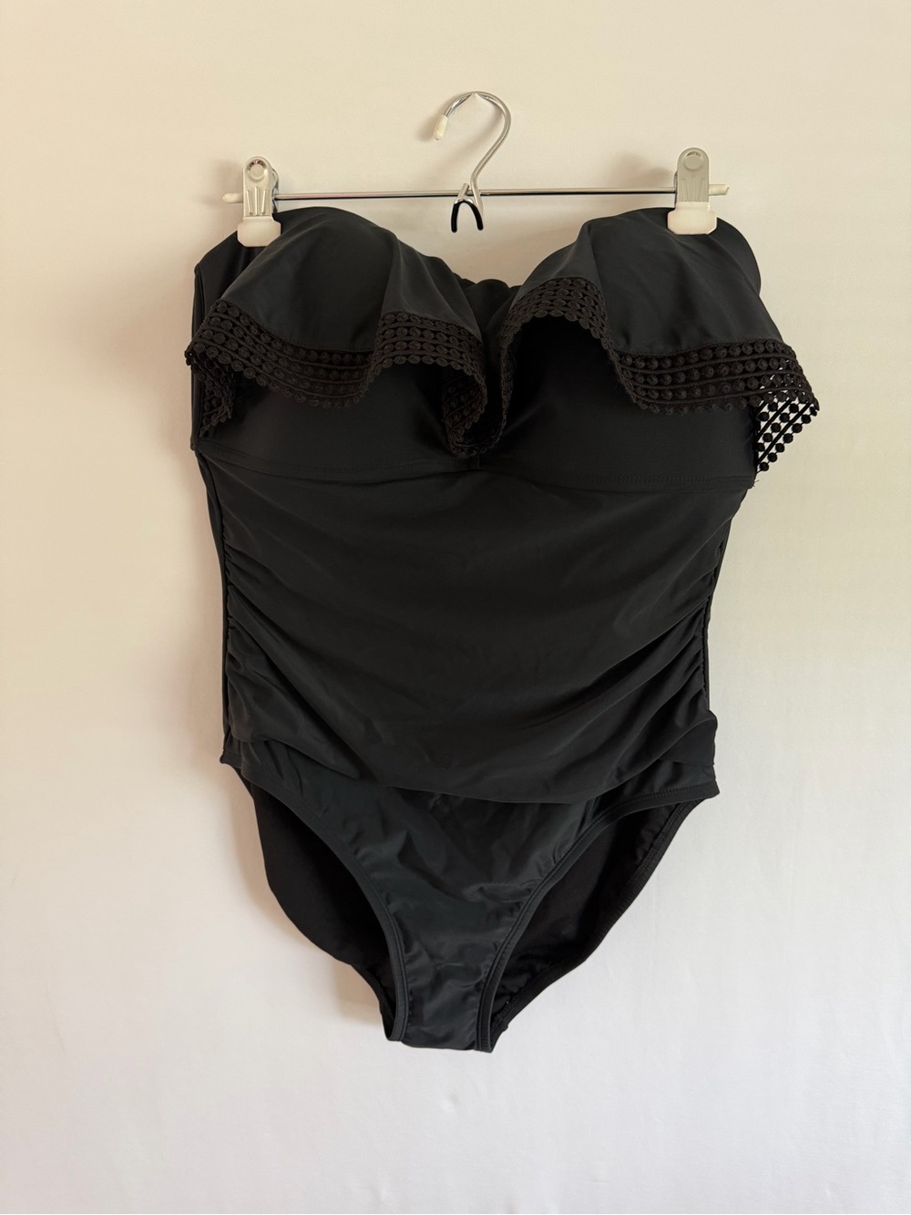 Kona Sol Women's One Piece Embroidered Lace Bust Ruffle Swimsuit Black XL